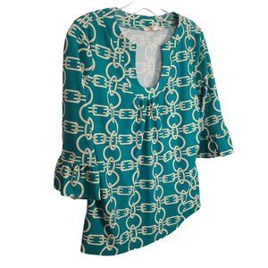 Aryeh Sz M Shirt Scoop Pullover 3/4 Ruffle Bell Sleeve Stretch Linked Chains